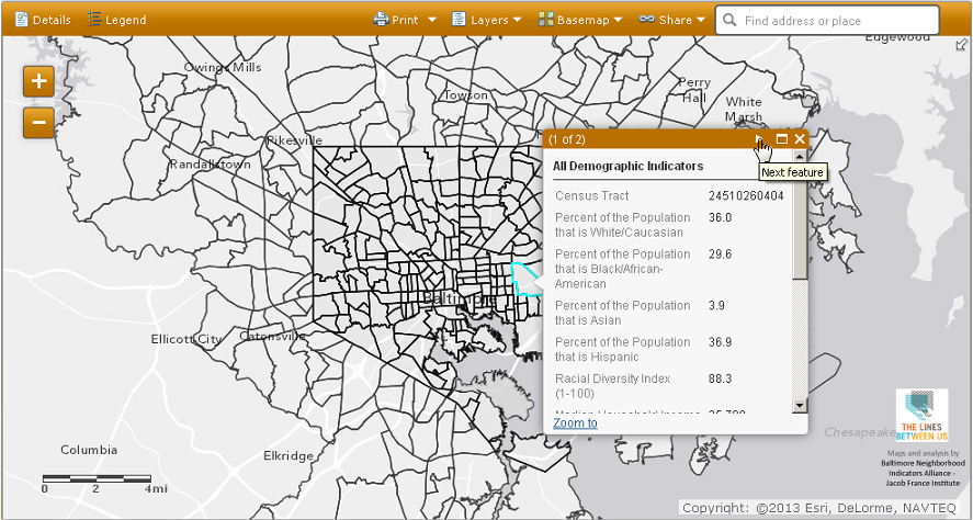 Left-click on the tract for results, and use the arrow button to toggle between crime, demographic, and education indicators.