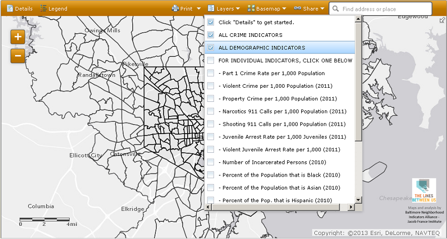 To display several indicators at once for a particular tract, go to 'Layers,' choose "ALL CRIME INDICATORS" and/or "ALL DEMOGRAPHIC INDICATORS" and/or "ALL EDUCATION INDICATORS." 