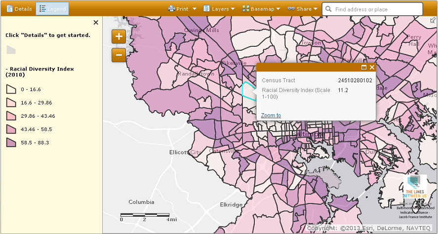 A color-coded map will be displayed. Click 'Legend' at top left to define the color codes. Left-click on a Census tract for its exact result.