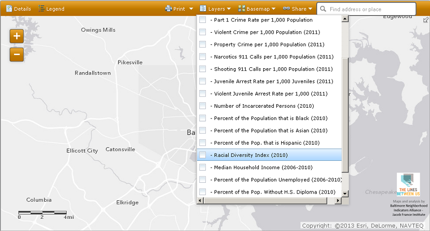 To view results for one particular indicator across the entire region, click ‘Layers’ and choose an indicator.