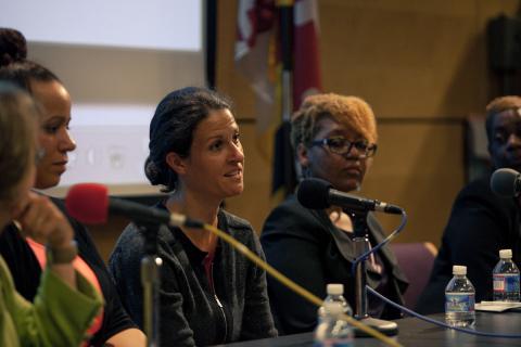 Megan Haberle takes a question from the audience. Lisa Williams at right. Credit: Christopher Moore, threedaysatsea.com.