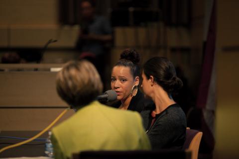 Nikole Hannah-Jones answers a question from Sheilah Kast. Megan Haberle at right. Credit: Christopher Moore, threedaysatsea.com.