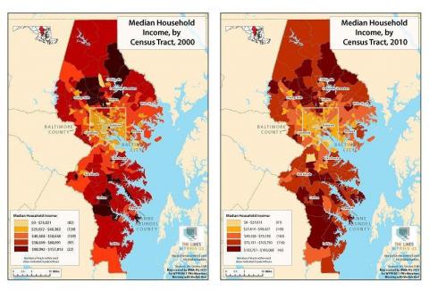 NOTE: The income breakdowns and the colors used to denote them are different on each map.