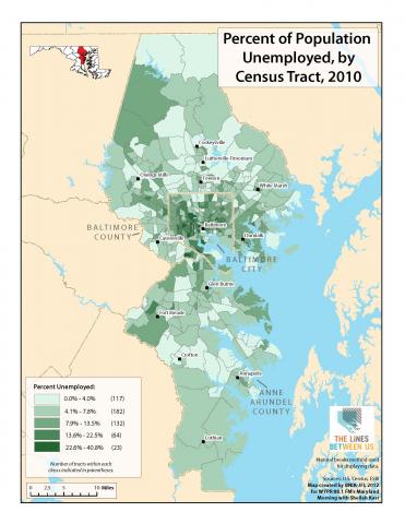 Percent of population unemployed by Census tract, 2010, Baltimore region
