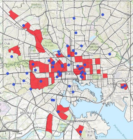 Locations of public housing in Baltimore overlaid by what HUD defines as "Racially/Ethnically-Concentrated Areas of Poverty" (in red). Are they fairly distributed? Or too closely packed into poor, minority neighborhoods?